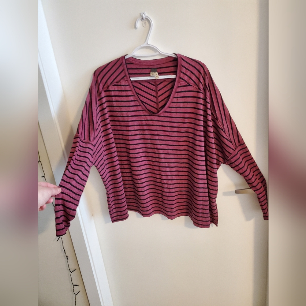 Free People Oversized Berry And Black Striped Long Sleeve